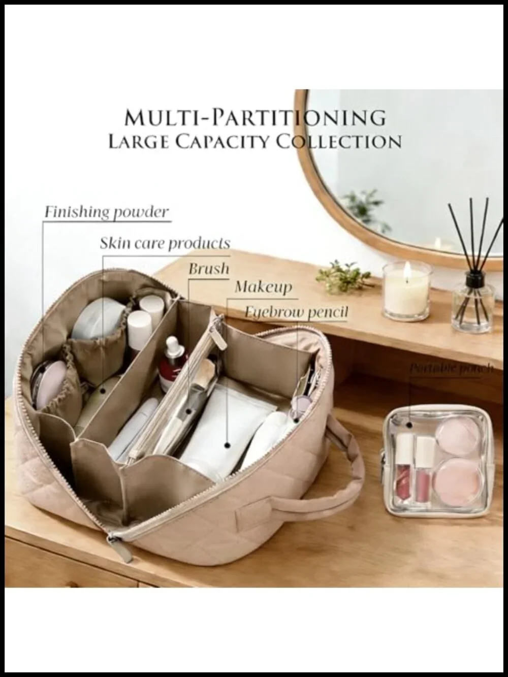 Quilted Cosmetic Bag 180° Lay-Flat Waterproof Travel Makeup Toiletry Organizer